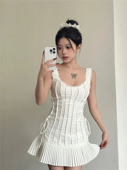 Elegant Pleated Short Dresses for Women Summer New Sleeveless Square Collar White Dress Korean Fashion Y2K One Piece Vestido
