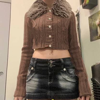 Y2K Brown Buttons Crop Sweater with Detachable Fur Collar Autumn Vintage 2000s Knitted Cardigan Slim Winter Outfits