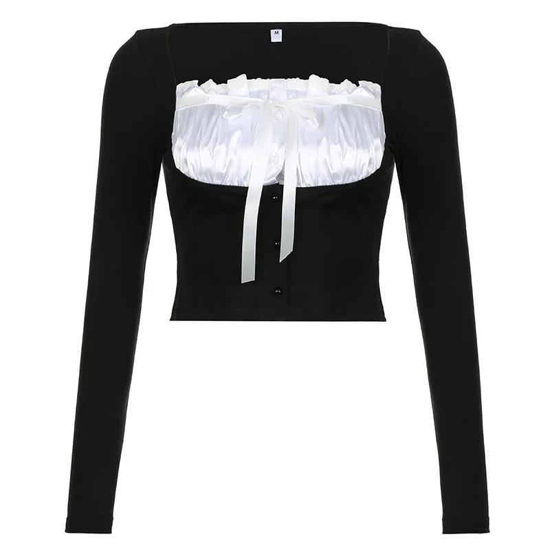 Voguable Sweet Contrast Pleated Satin Patchwork Cropped Top Coquette Slim-fit Knitted T-shirts Fall Y2K Tops Kawaii