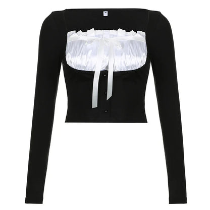 Voguable Sweet Contrast Pleated Satin Patchwork Cropped Top Coquette Slim-fit Knitted T-shirts Fall Y2K Tops Kawaii