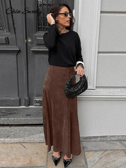Vintage Suede Brown Skirts Women Fashion Pleated Slim Zipper Office Lady Skirts  Elegant Female High Waist Party Wear New