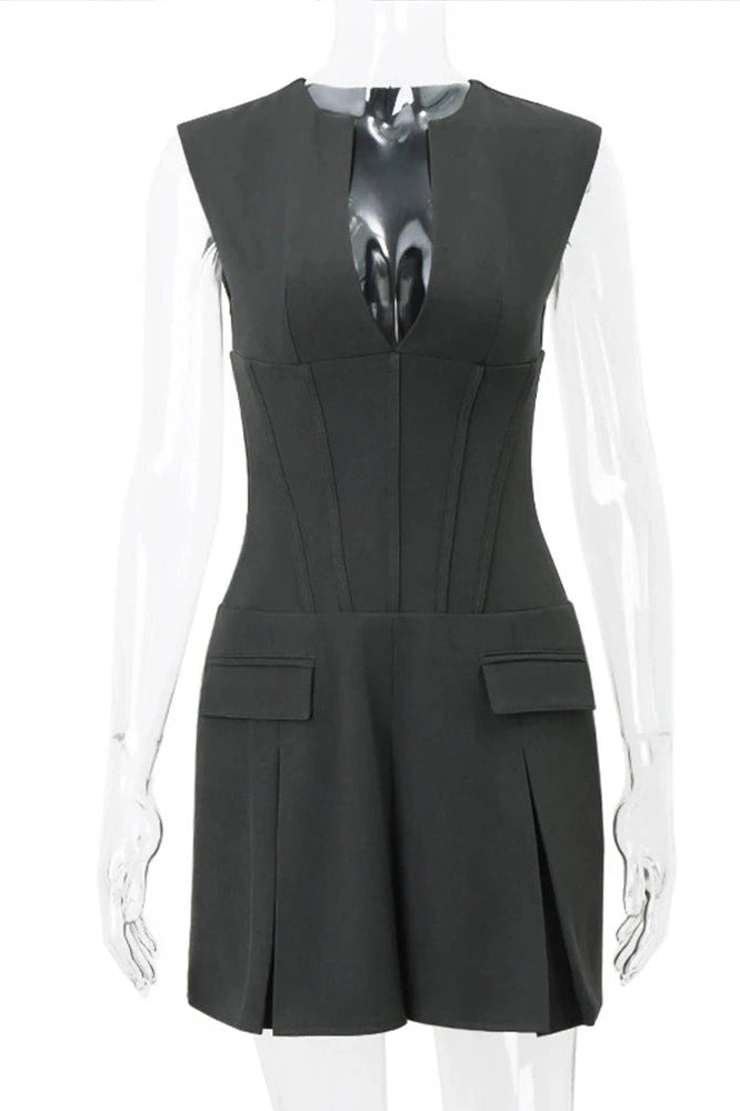 V-Neck Sleeveless Mini Dress with High Waist
