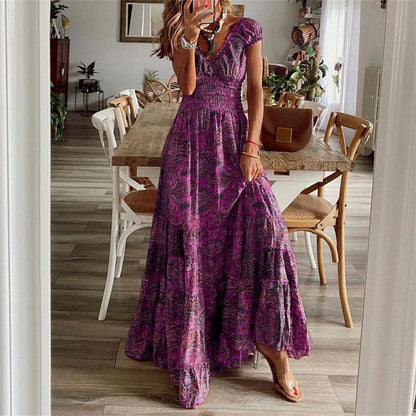 Bohemian Print Long Dresses Women V-neck Elastic Waist Short Sleeves Casual Vacation Style Dress Female Trendy Vintage Vestidos