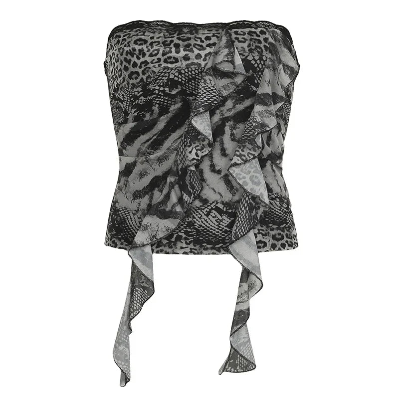 Goth Leopard Print Corset Top Ruffles Patchwork Strapless Skinny Tube Tops Harajuku y2k Cropped Top Streetwear Tees
