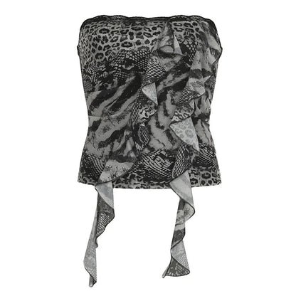 Goth Leopard Print Corset Top Ruffles Patchwork Strapless Skinny Tube Tops Harajuku y2k Cropped Top Streetwear Tees