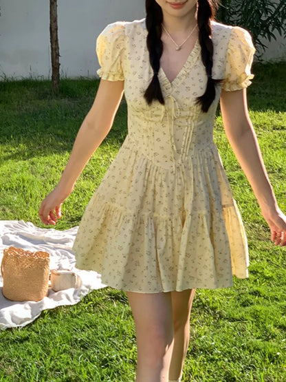 French Floral Printed Short Dresses for Women Y2K V-neck High Waist Birthday Party Dress Korean Chic Prom A-line Summer Vestidos