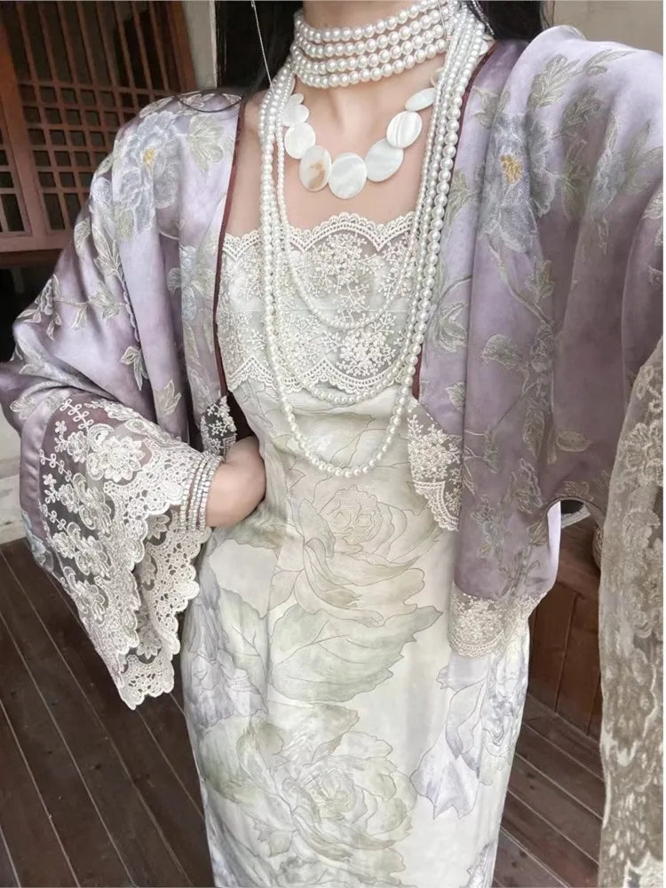 New Chinese Style Women’s Two-piece Dress Set Lace Patchwork Cardigan Spaghetti Strap Lace-up Long Dress Vintage Female Suit