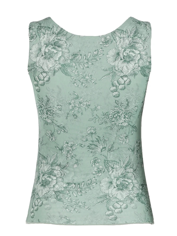 Retro Green Floral Print Mesh Vest Sleeveless Twist V Neck Slim Crop Top For Women Summer Vacation Boho Outfits