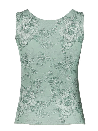 Retro Green Floral Print Mesh Vest Sleeveless Twist V Neck Slim Crop Top For Women Summer Vacation Boho Outfits