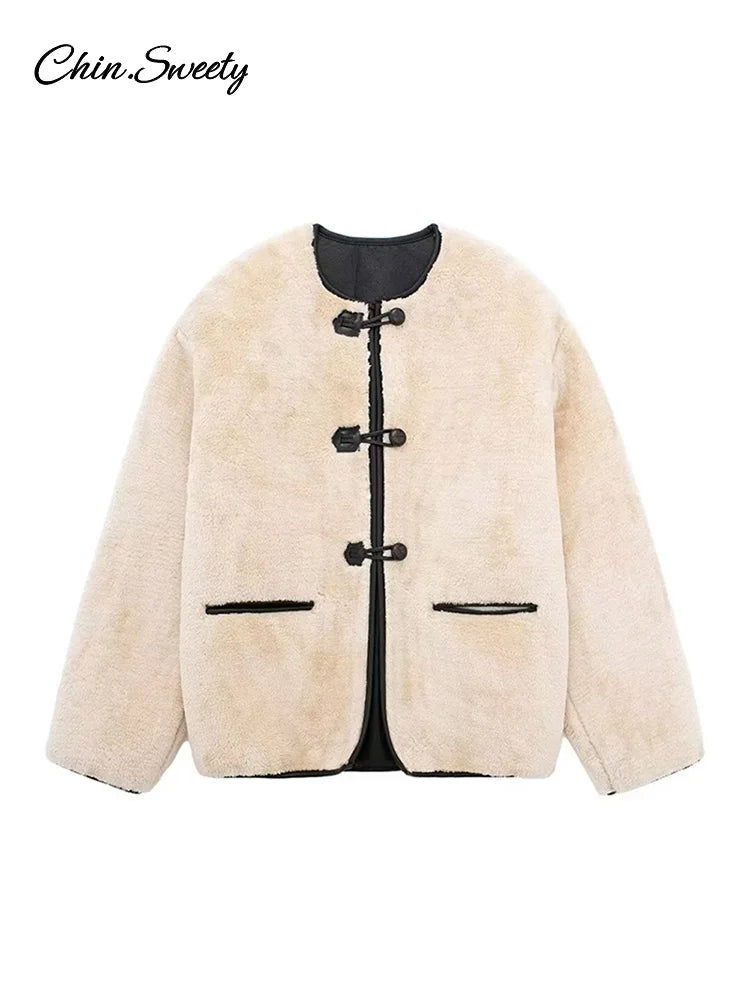 Vintage Lambs Wool Jacket For Women Loose Fleece O-neck Single Breasted Pockets Long Sleeve Fur Coat Autumn Winter Lady Outwear