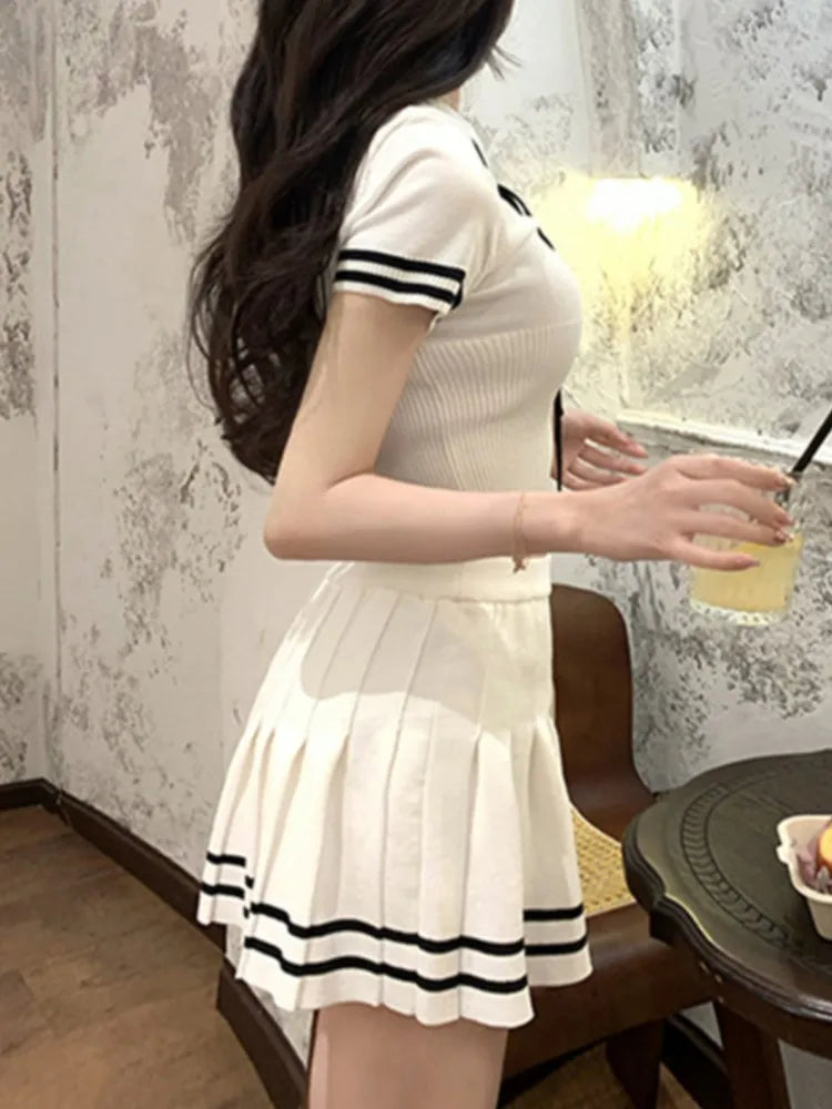 Korean Fashion Knitted Two-piece Set Women Short Sleeve Patchwork Cropped Top Pleated Mini Skirt Preppy Style Outfits New