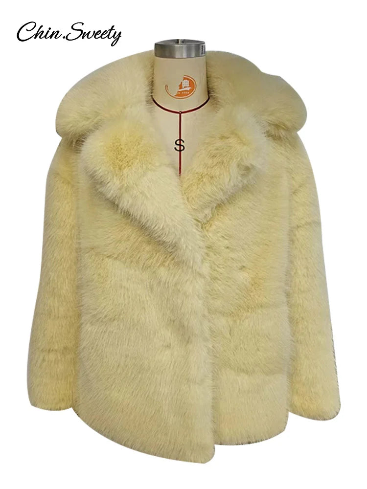 Fashion Faux Fur Jacket Coat Women Warm Fluffy Loose Long Sleeve Lapel Female Overcoat  Winter Yellow Lady Street Outwear