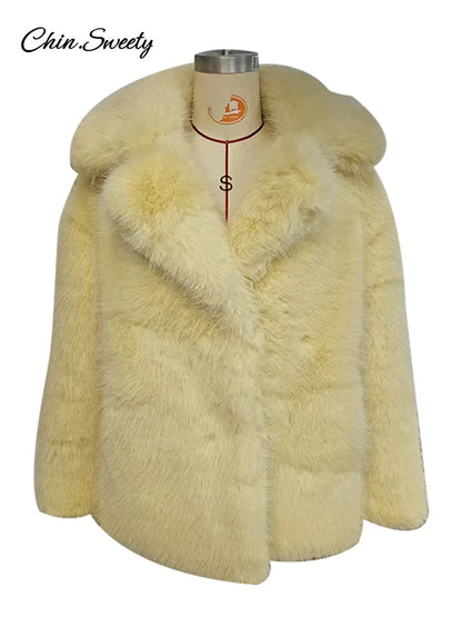 Fashion Faux Fur Jacket Coat Women Warm Fluffy Loose Long Sleeve Lapel Female Overcoat  Winter Yellow Lady Street Outwear