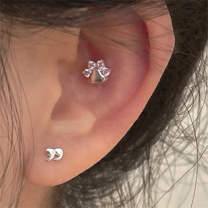 Korean Silver Color Piercing Screw Beads Star Heart Ear Bone Stud Earrings for Women Girls Simple Body Jewelry Gift