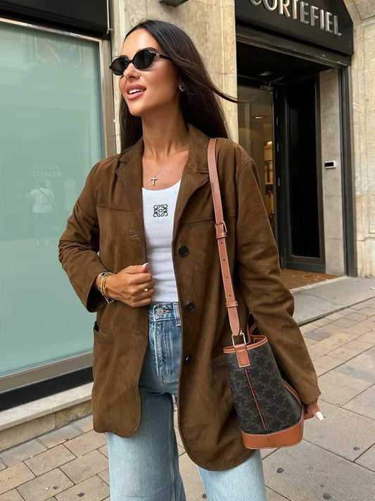 Turn Down Collar Brown Autumn Jacket for Women Casual Single Breasted Long Coat Jacket Female Winter Jacket Back Slit