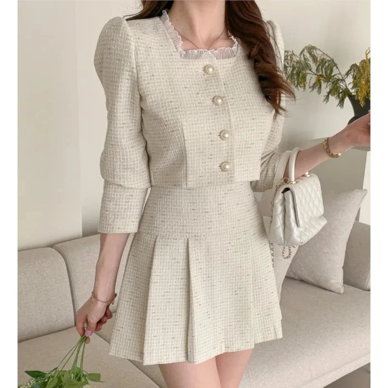 Korean Fashion Elegant Tweed Short Jacket Cropped Coats + High Waist Mini Skirts Suits Autumn New Slim Women Two-Piece Sets