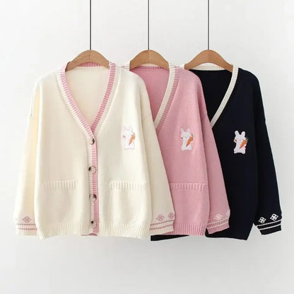 Korean Sweet Chic Women Sweaters Japanese V Neck Long Sleeve Cute Cardigans 2021 New Embroidery Cardigan
