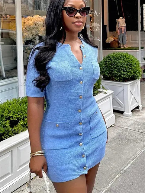 Pocket Knit Female Mini Dress Autumn  Ribbed High Waist Fashion Patchwork Elegant Party Dress Knitwear Cardigan Dress