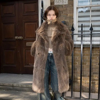 Luxury Brand Belted Long Fluffy Faux Fur Coat Women  Winter Thicken Warm Lapel Fox Fur Collar Furry Jacket Overcoat