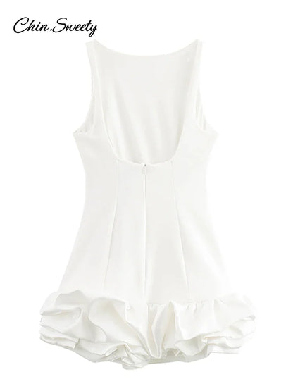 Elegant Sleeveless White Short Dress Women Slim O-neck Backless Ruffles Hem Party Evening Dresses  Summer Lady Streetwear