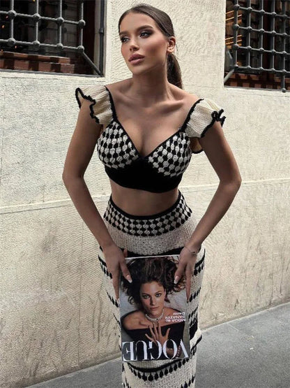 Knit Striped 2 Piece-Set Maxi Skirt For Women Ruffled Backless Patchwork Cropped Pullover And Knitwear Long Skirt Outfits