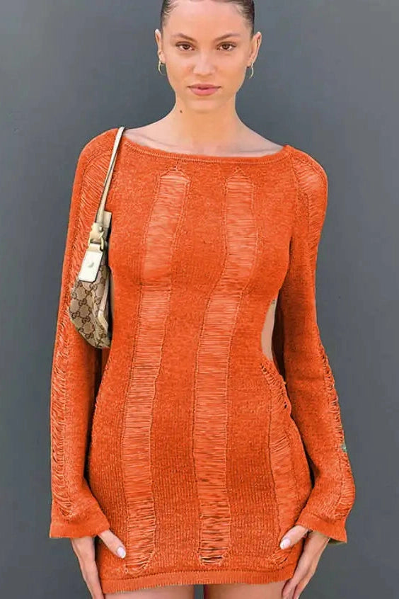 Backless Long Sleeve Round Neck Mini Dress