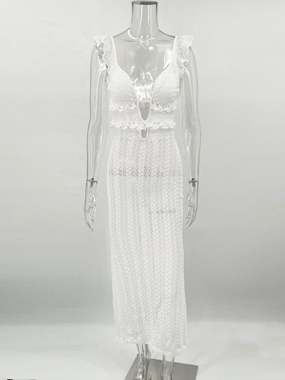 Knit V-Neck Fashion Maxi Dress Women&#8217;s Slim High Waist See-Through Patchwork Bandage Backless Dress Female Knitwear Dress