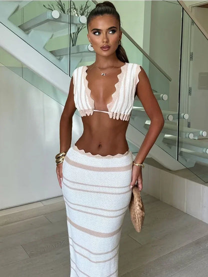 Knit Striped 2 Piece-Set Long Skirt Female Ruffled V-Neck Casual Beach Holiday Contrast Outfits Knitwear Maxi Skirt Sets