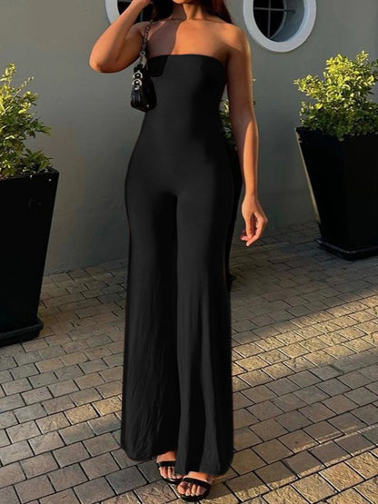 Black Solid Strapless Elegant Long Jumpsuits For Women Slim Wide Leg Flared Rompers Simple Fashion Vacation Overalls