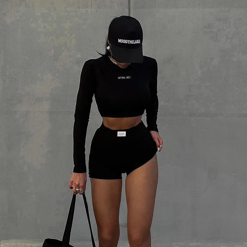European and American Spring/Summer Round Neck Long Short sleeved 3/4 Shorts Two piece Women’s Fashion Sports Versatile Set