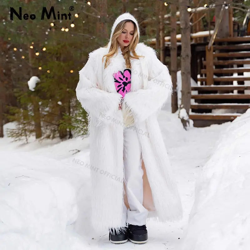Long Eco Turkey Fur Coat Women  Winter Luxury Fashion Tassels Faux Fur Jacket Thick Warm Fluffy Outerwear Overcoat