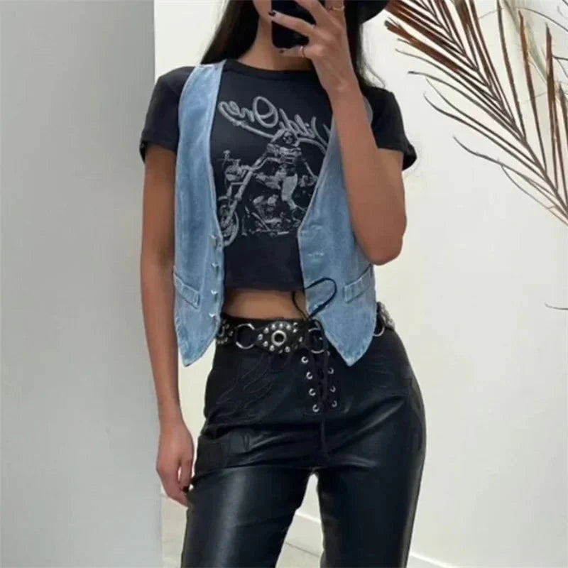 Denim Vest y2k Clothes V Neck Button Front Sleeveless Tank Tops Jean Waistcoat 2000s Clothes Streetwear