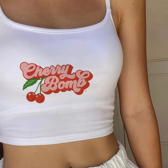 Short-sleeved T-shirt Women Summer cherry letter print short-sleeved top Spice Girls wearing crop short slim-fit street style
