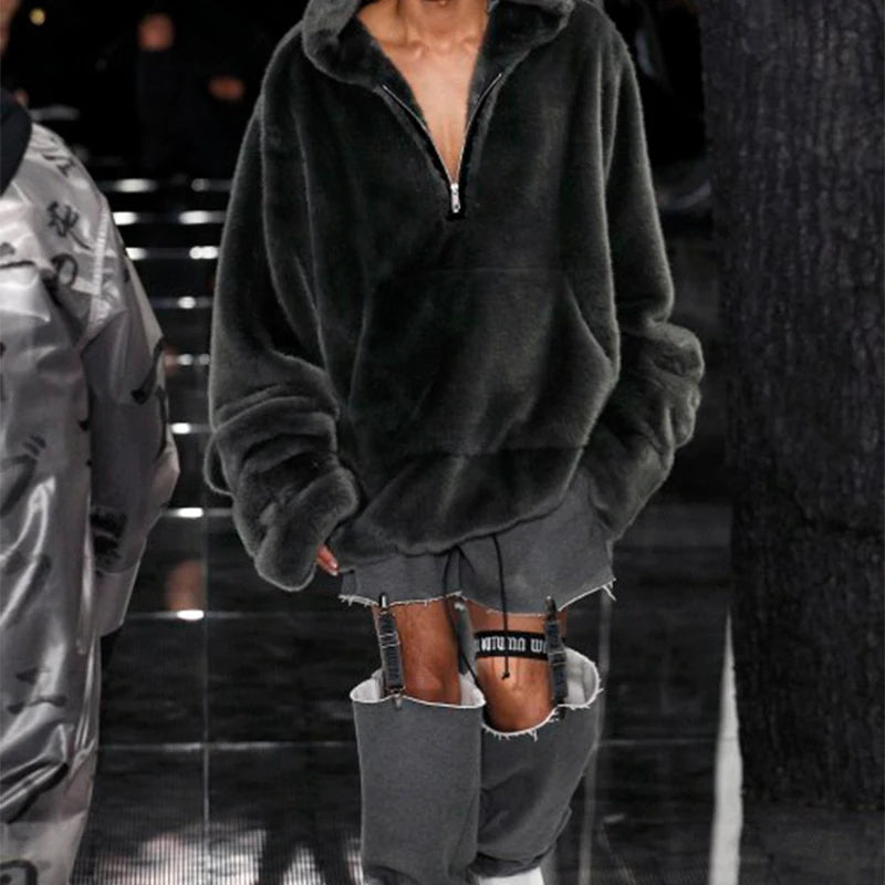 Fashion Runaway Luxury Brand Faux Fur Long Coat Women Big Pocket Warm Jacket Zip Hooded Fake Rabbit Fur Plush Overcoats
