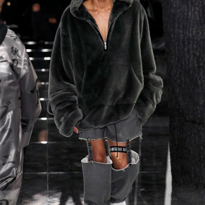 Fashion Runaway Luxury Brand Faux Fur Long Coat Women Big Pocket Warm Jacket Zip Hooded Fake Rabbit Fur Plush Overcoats