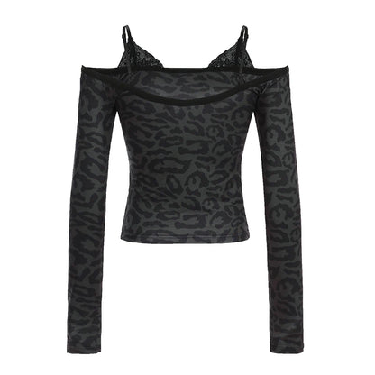 Slim Leopard Lace Halter Tops Fake Two Piece Top Off Shoulder Women Sexy Y2k Hotsweet Long Sleeve Top Autumn New