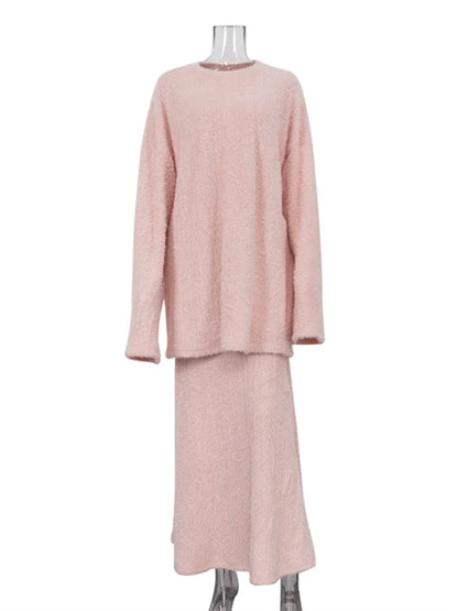 TRAUXY Autumn Winter Plush Knitted Suit Women’s Long Sleeve O-Neck Pullover Top Long Skirts Two Piece Sets Solid Female Elegant