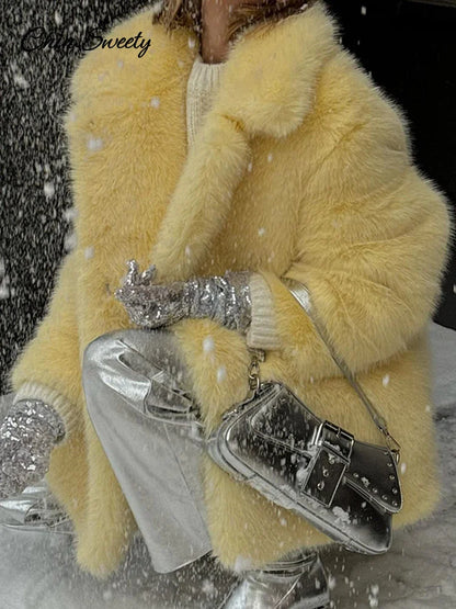 Fashion Faux Fur Jacket Coat Women Warm Fluffy Loose Long Sleeve Lapel Female Overcoat  Winter Yellow Lady Street Outwear