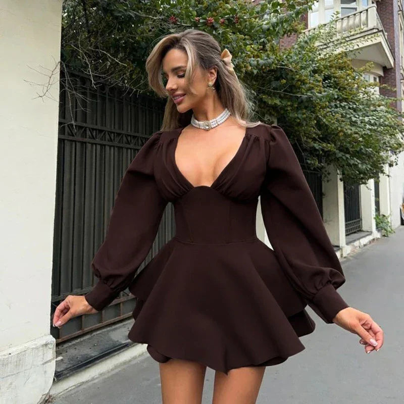 Sexy Low Cut Long Sleeve Pleated Mini Dress Women Elegant Wrap Waist Slim Party Vestido Spring Fall Harajuku Y2K Clothes