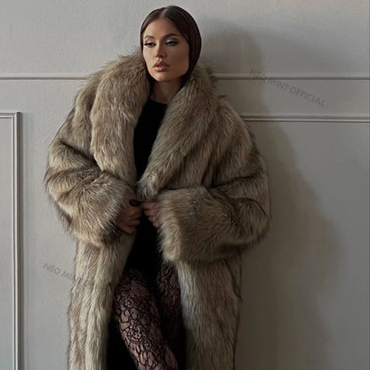 Luxury Mob Wife Aesthetic Long Faux Fur Coat Women Winter  Fluffy Gradient Fox Fur Jacket Female Furry Overcoat