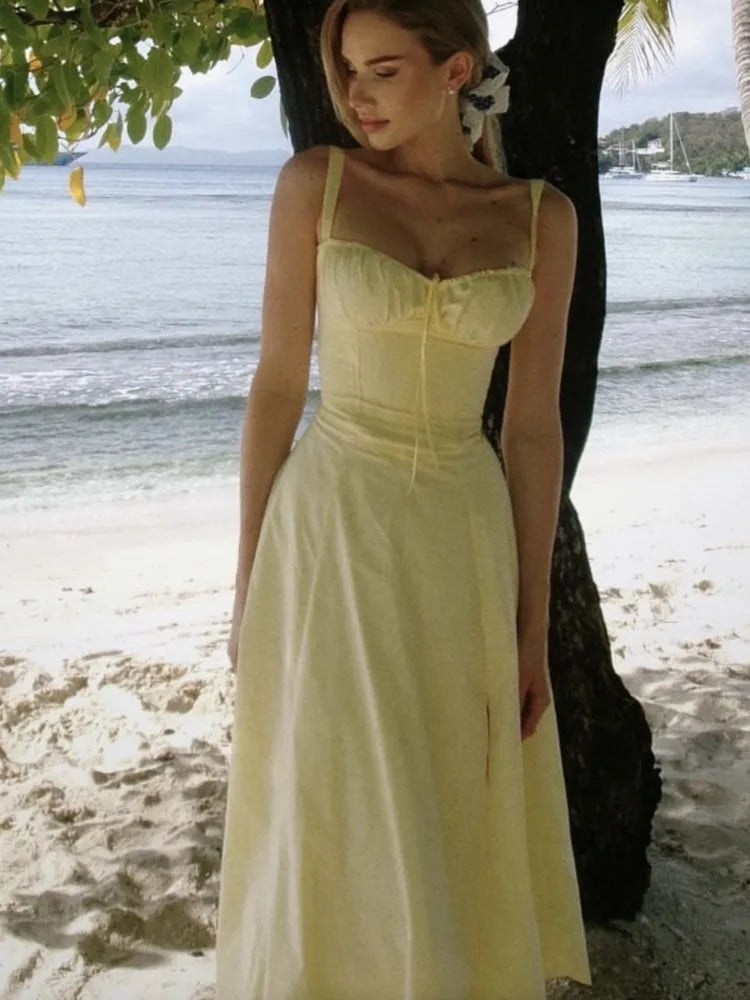 French Vintage Strap Birthday Party Dress High Split Lace-up Summer Off Shoulder A-line Sleeveless Prom Robe Solid Vestido Mujer