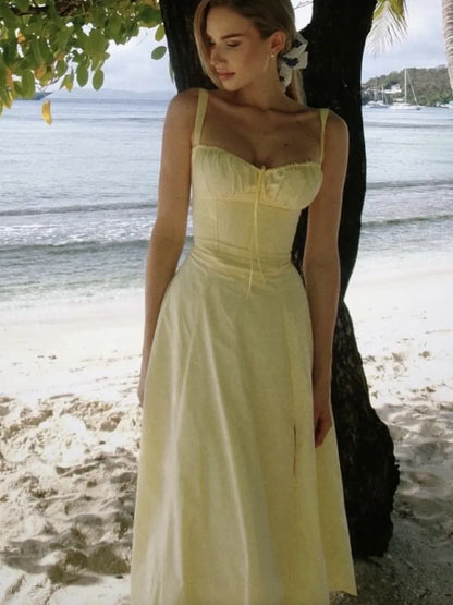 French Vintage Strap Birthday Party Dress High Split Lace-up Summer Off Shoulder A-line Sleeveless Prom Robe Solid Vestido Mujer