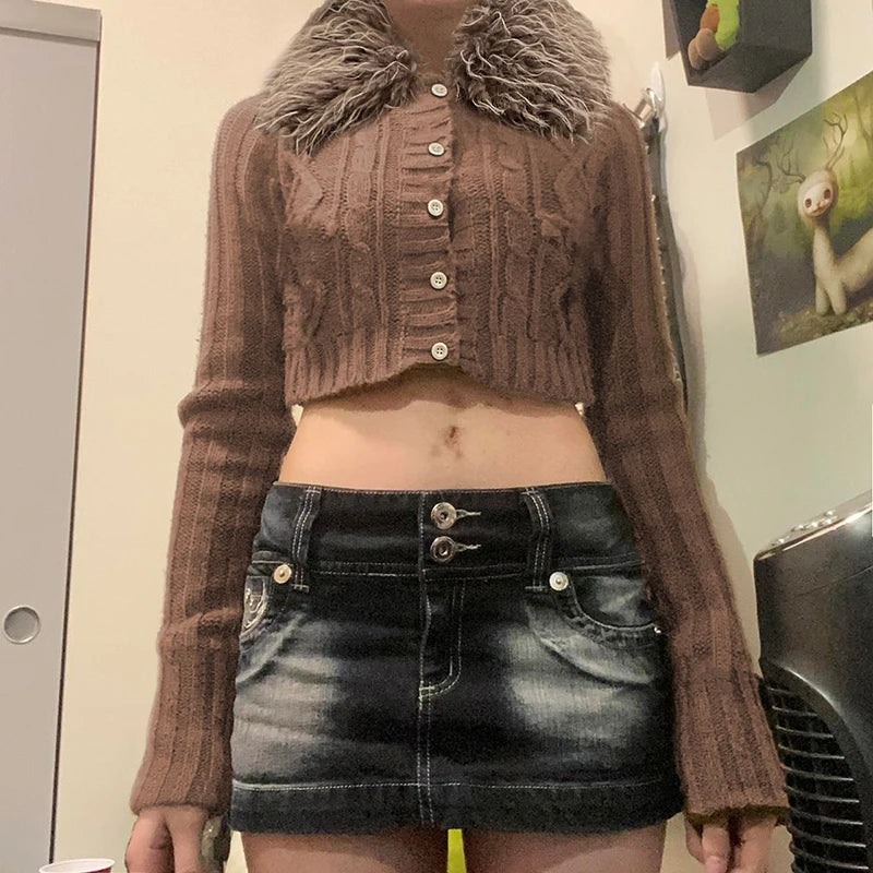 Y2K Brown Buttons Crop Sweater with Detachable Fur Collar Autumn Vintage 2000s Knitted Cardigan Slim Winter Outfits
