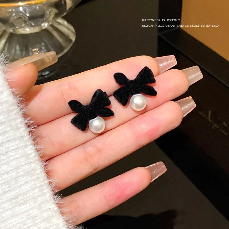 LIZAKOSHT Winter Pearl Bowknot Stud Earrings for Women Happy New Year Gift Jewelry