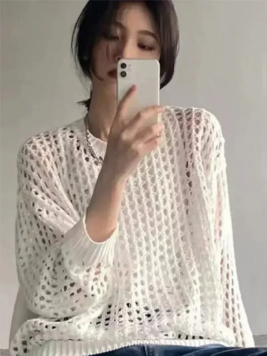 Summer Oversize T-shirt Knitted Sweater Women’s Long Sleeve Transparent Vintage Top Loose Pullovers Basic Sexy T-shirt for Women