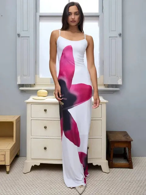 Printed Contrast Spaghetti Dress Female Backless High Waist Patchwork Summer  Elegant Maxi Dress Women Halter Dresses