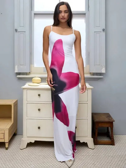 Printed Contrast Spaghetti Dress Female Backless High Waist Patchwork Summer  Elegant Maxi Dress Women Halter Dresses