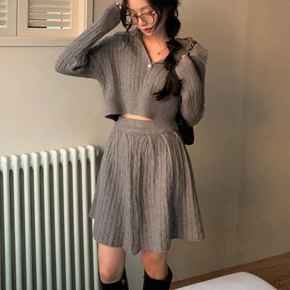 Korean Fashion Two-piece Set Women Pullover Turn-down Collar Crop Top Mini Skirt Solid Casual Suit Autumn New Knitwear Outfits