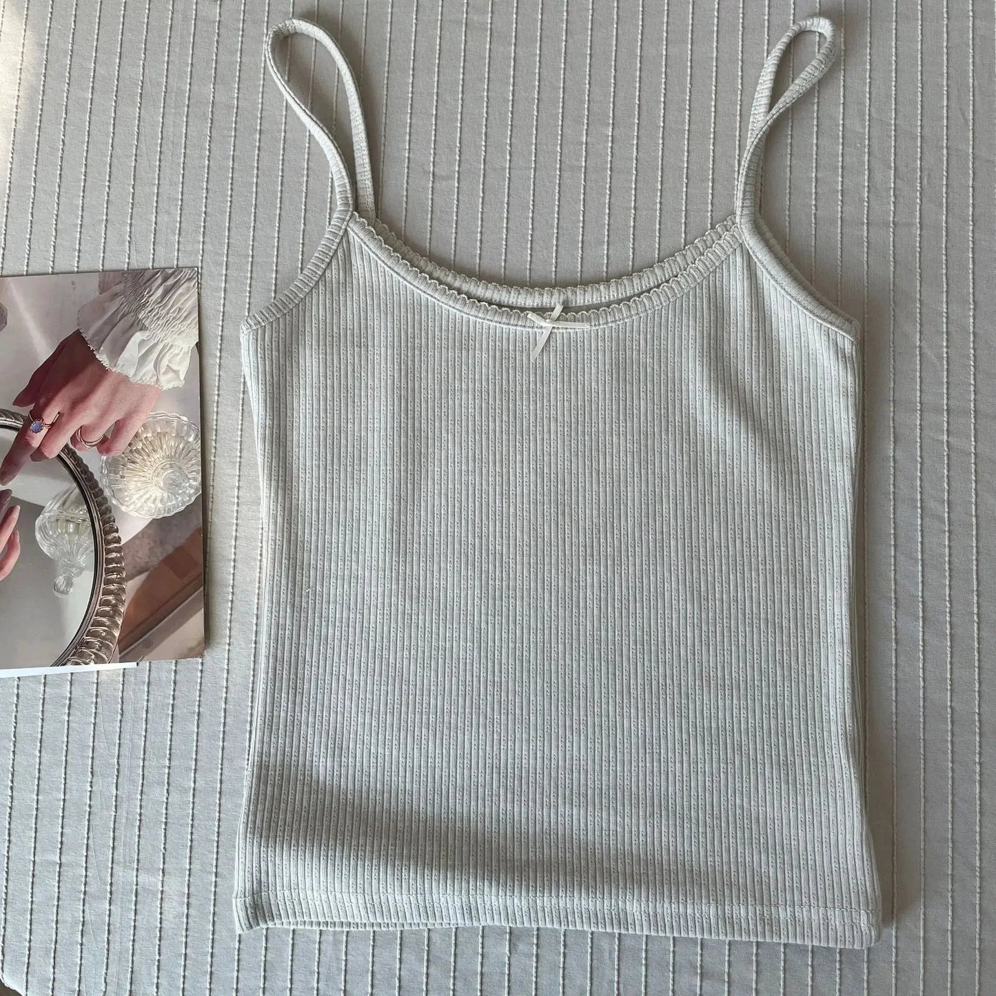 Floral Eyelet Bow Cotton Crop Tops Lace Trim Sleeveless Slim Tank Top Preppy Style Sweet Camisole Y2k Clothes