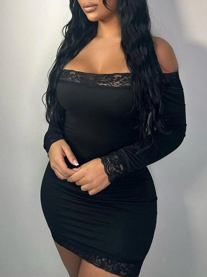 Solid Slim Lace Trim Off Shoulder Long Sleeve Black Short Dress Women Elegant Sexy Party Dresses